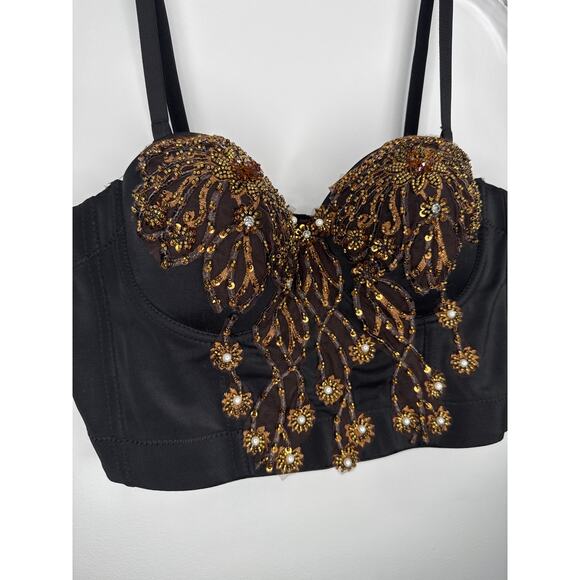 Beaded sequin 3D floral Crop bustier bra top gold black removable straps large - Picture 16 of 16